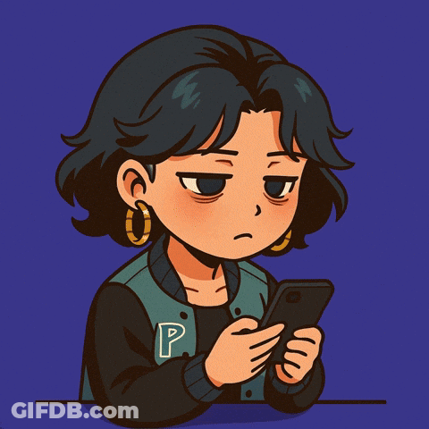 A Cartoon Drawing Of A Woman Looking At Her Phone With The Letter P On Her Jacket GIF