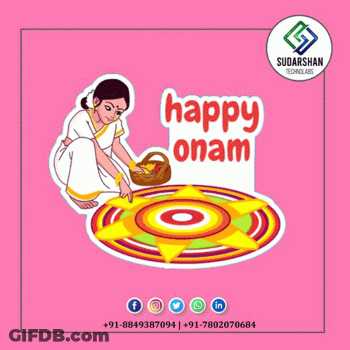 A Cartoon Drawing Of A Woman Making A Circle With The Words Happy Onam Above Her GIF