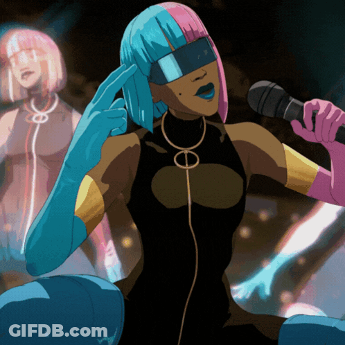 A Cartoon Drawing Of A Woman Singing Into A Microphone With A Circle Around Her Neck GIF