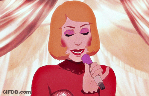 A Cartoon Drawing Of A Woman Singing Into A Purple Microphone GIF