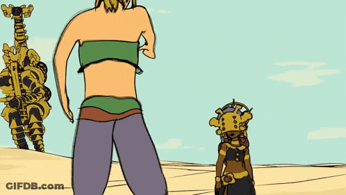A Cartoon Drawing Of A Woman Standing Next To A Statue In The Desert GIF