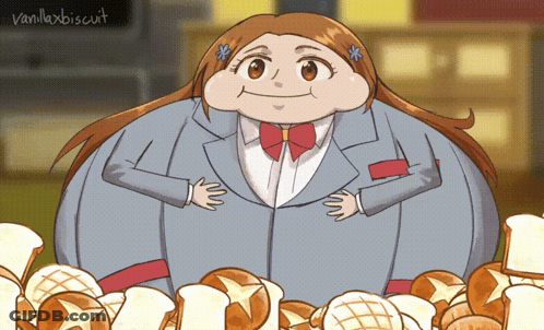 A Cartoon Drawing Of A Woman Surrounded By Bread With Vanillaxbiscuit Written In The Corner GIF