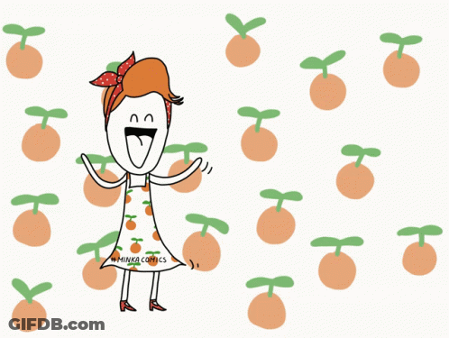 A Cartoon Drawing Of A Woman Surrounded By Oranges With Hinka Comics On The Bottom GIF