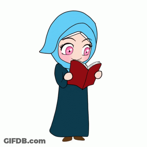 A Cartoon Drawing Of A Woman Wearing A Blue Hijab Reading A Book GIF