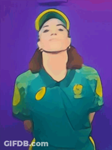 A Cartoon Drawing Of A Woman Wearing A Yellow Hat And A Green Shirt GIF