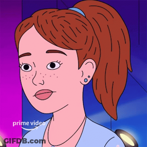 A Cartoon Drawing Of A Woman With A Ponytail And The Words Prime Video Above Her GIF