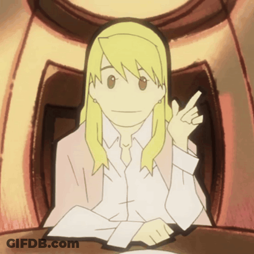 A Cartoon Drawing Of A Woman With Blonde Hair Pointing At Something GIF
