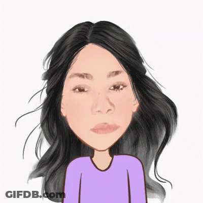 A Cartoon Drawing Of A Woman With Long Black Hair And A Purple Shirt GIF