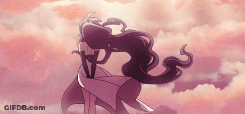 A Cartoon Drawing Of A Woman With Long Hair Standing In The Clouds GIF