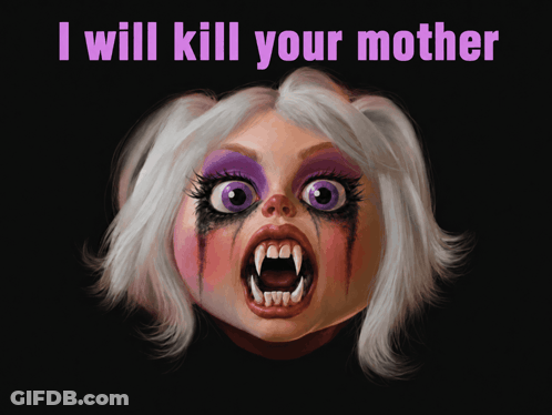 A Cartoon Drawing Of A Woman With Purple Eyes And White Hair With The Words " I Will Kill Your Mother " On The Bottom GIF