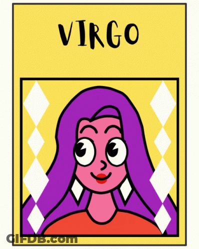 A Cartoon Drawing Of A Woman With Purple Hair And The Word Virgo Below Her GIF