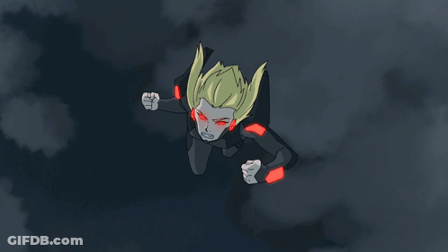 A Cartoon Drawing Of A Woman With Red Eyes And A Fist In The Air GIF