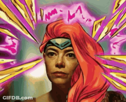 A Cartoon Drawing Of A Woman With Red Hair And A Headband That Says " I Am " GIF
