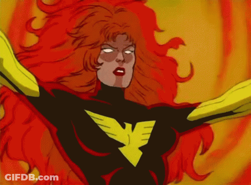 A Cartoon Drawing Of A Woman With Red Hair And A Phoenix Logo On Her Chest GIF