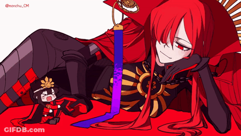 A Cartoon Drawing Of A Woman With Red Hair And A Purple Ribbon GIF