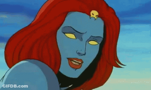 A Cartoon Drawing Of A Woman With Red Hair And Blue Skin GIF
