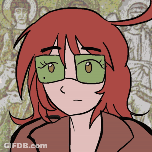 A Cartoon Drawing Of A Woman With Red Hair And Green Glasses GIF