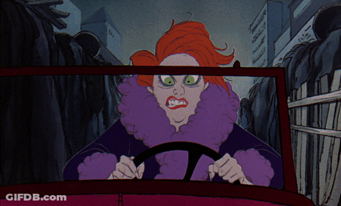 A Cartoon Drawing Of A Woman With Red Hair Driving A Red Car GIF