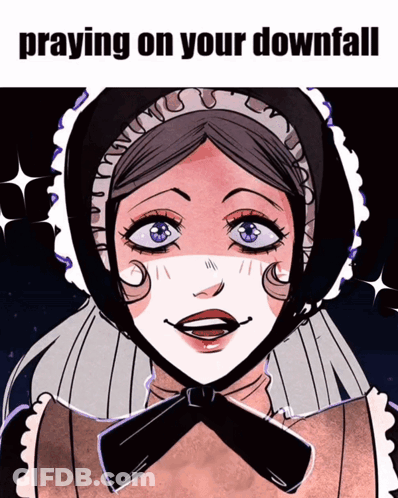 A Cartoon Drawing Of A Woman With The Words Praying On Your Downfall Above Her GIF