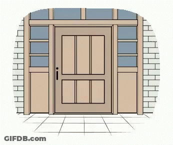 A Cartoon Drawing Of A Wooden Door With A Brick Wall And A Tiled Floor . GIF