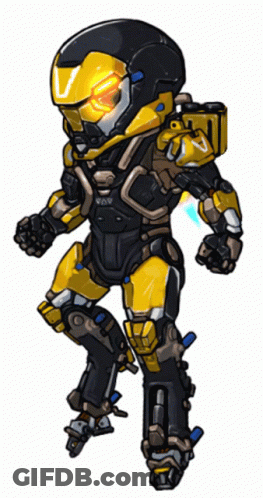 A Cartoon Drawing Of A Yellow And Black Robot With The Letter V On His Helmet GIF