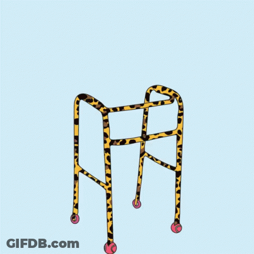 A Cartoon Drawing Of A Yellow And Black Walker With Red Wheels GIF