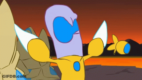 A Cartoon Drawing Of A Yellow And Blue Character With A Purple Head GIF