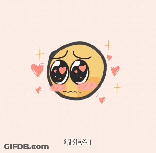 A Cartoon Drawing Of A Yellow Blob With Hearts In Its Eyes And The Word Great Below It GIF