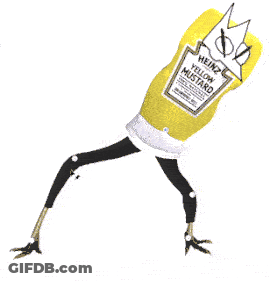 A Cartoon Drawing Of A Yellow Mustard Bottle With Black Legs GIF