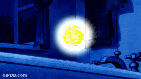 A Cartoon Drawing Of A Yellow Object In A Dark Room GIF