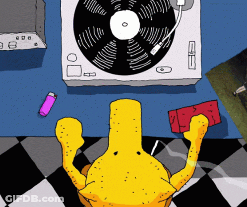A Cartoon Drawing Of A Yellow Object Playing A Record On A Turntable GIF