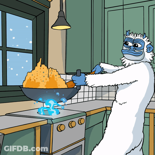 A Cartoon Drawing Of A Yeti Cooking Food In A Kitchen GIF