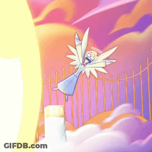 A Cartoon Drawing Of An Angel With A Halo On Her Head GIF