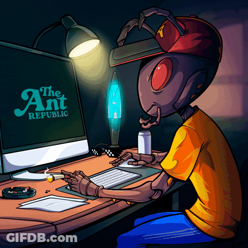 A Cartoon Drawing Of An Ant Sitting In Front Of A Computer With The Ant Republic Written On The Screen GIF