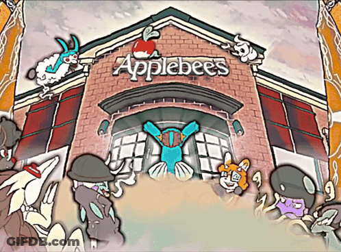 A Cartoon Drawing Of An Applebee 'S Restaurant With A Bunch Of Characters GIF