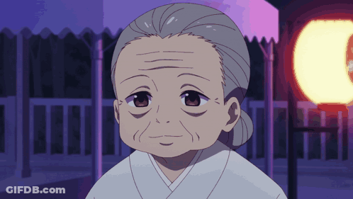 A Cartoon Drawing Of An Elderly Woman With A Kimono On GIF