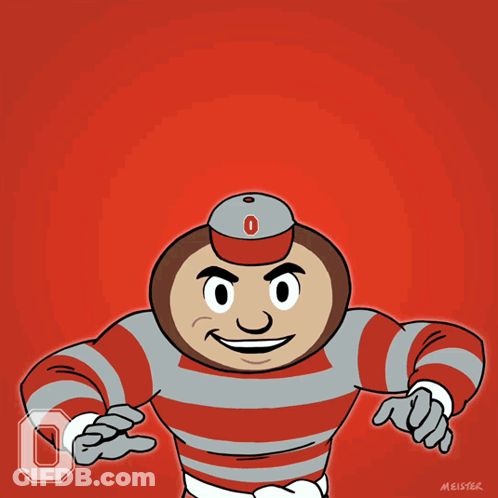 A Cartoon Drawing Of An Ohio State Buckeyes Mascot With The Letter O On His Chest GIF