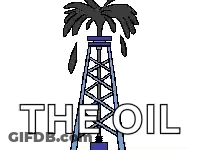 A Cartoon Drawing Of An Oil Rig With A Palm Tree And The Words `` The Oil '' Below It . GIF