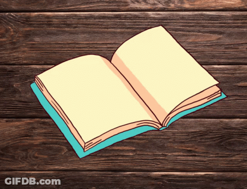 A Cartoon Drawing Of An Open Book On A Wooden Surface GIF