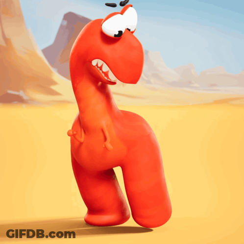 A Cartoon Drawing Of An Orange Dinosaur With A Very Angry Look On His Face GIF