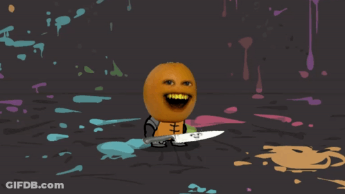 A Cartoon Drawing Of An Orange Holding A Knife And A Sword GIF