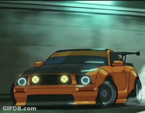 A Cartoon Drawing Of An Orange Mustang With A Black Hood And Headlights GIF