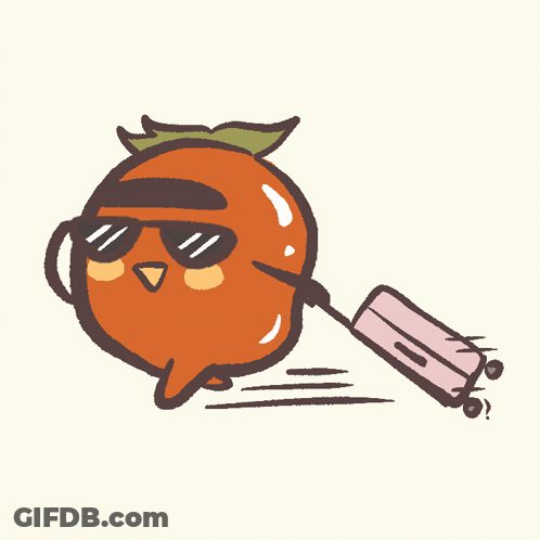 A Cartoon Drawing Of An Orange Wearing Sunglasses And Pulling A Suitcase GIF