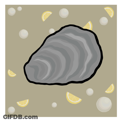 A Cartoon Drawing Of An Oyster With Lemon Slices And Pearls Around It GIF