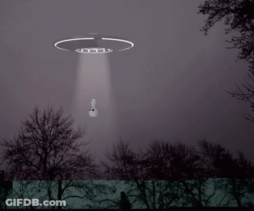 A Cartoon Drawing Of An Ufo Flying Over A Forest GIF