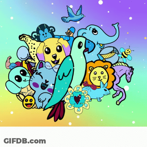 A Cartoon Drawing Of Animals Including A Lion And A Bird With The Word Love On It GIF