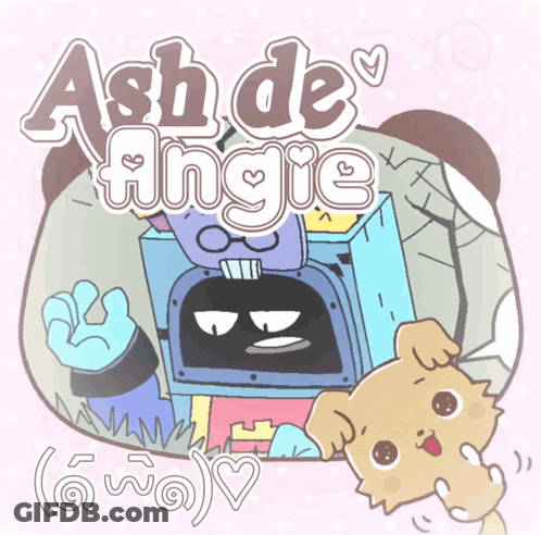 A Cartoon Drawing Of Ash De Angie With A Dog Looking At It GIF