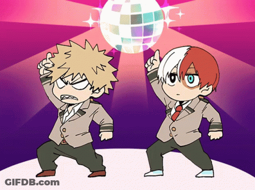 A Cartoon Drawing Of Bakugo And Todoroki Dancing In Front Of A Disco Ball GIF