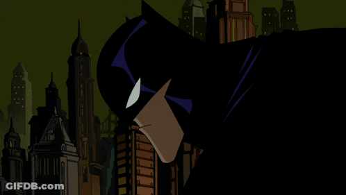 A Cartoon Drawing Of Batman Standing In Front Of A City Skyline GIF