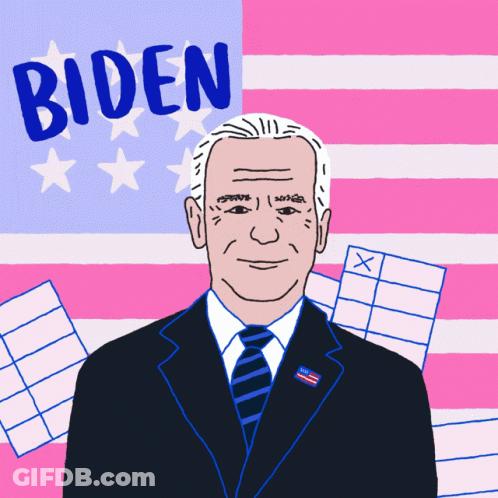 A Cartoon Drawing Of Biden In Front Of A Pink And White American Flag GIF